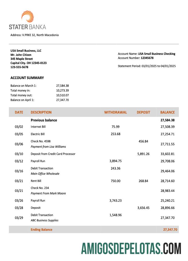 Imprimível Macedônia do Norte Stater Banka Firm Account Statement Word And PDF modelo